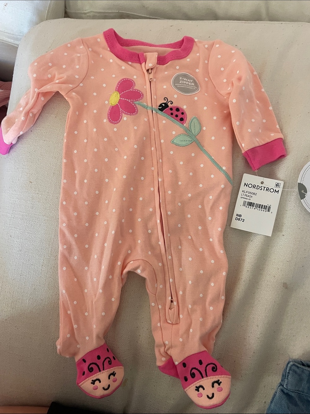 Nordstrom Pink Polka Dot Footed One-Piece with Flower & Ladybug